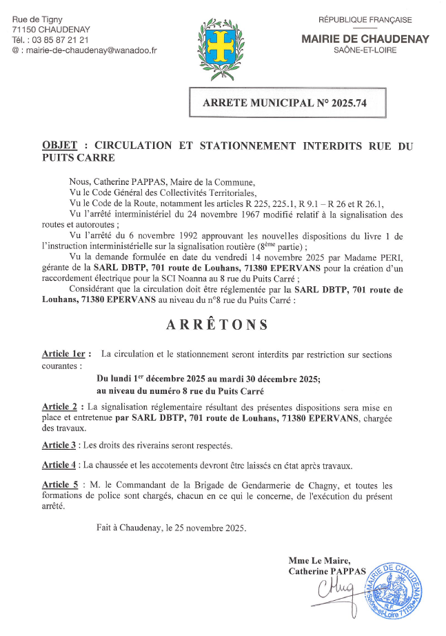 Circulation et stationnement interdits rue du Puits Carré du 01122025 au 30122025