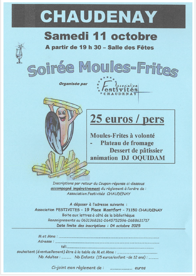 Soirée Moules-Frites avec Festivités le 11/10/2024