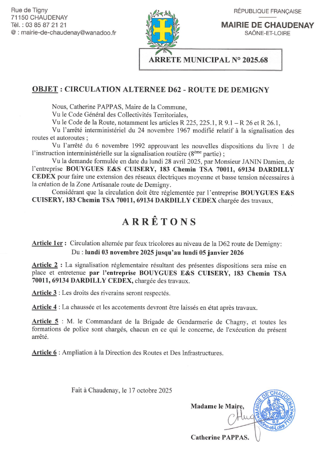 Circulation alternée Route de Demigny du 03112025 au 05012026