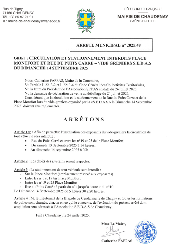 Vide greniers LA SEDAS dimanche 14 septembre 2025 - Circulation et stationnement interdits