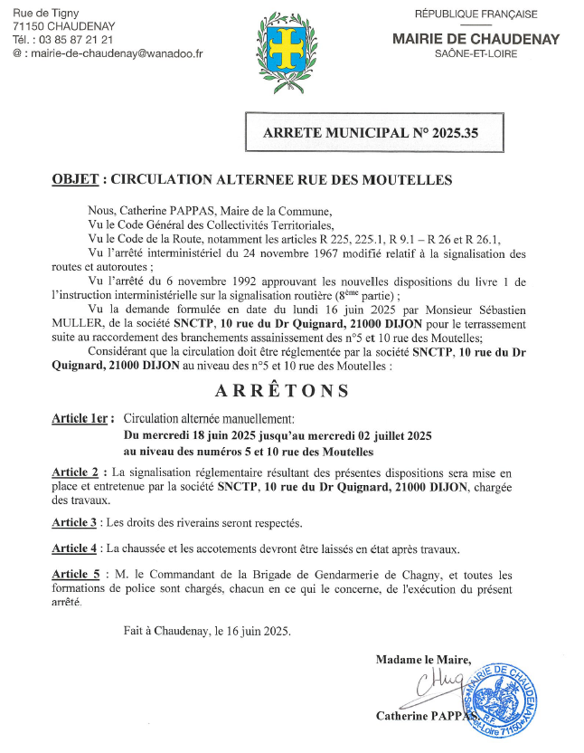 Circulation alternée rue des Moutelles du 18/06/2025 au 02/07/2025