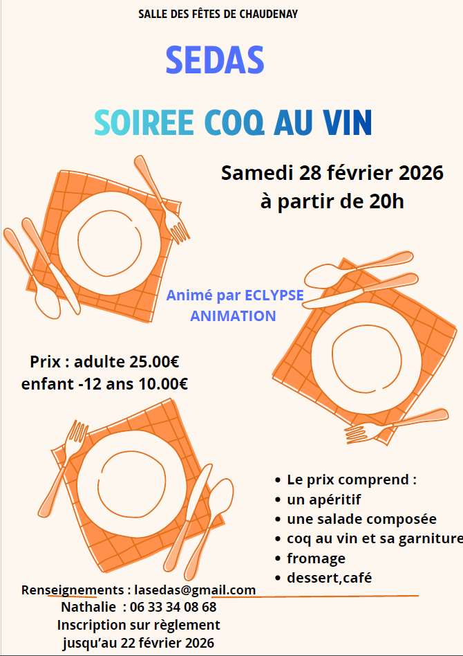 Soirée coq au vin avec LA SEDAS le 28/02/2026