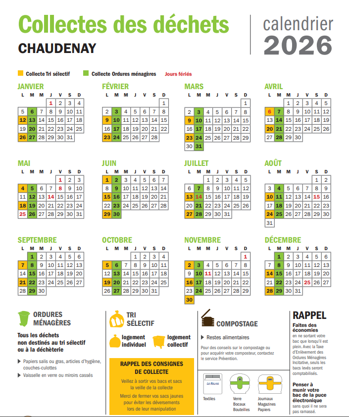 Calendrier collecte déchets 2026