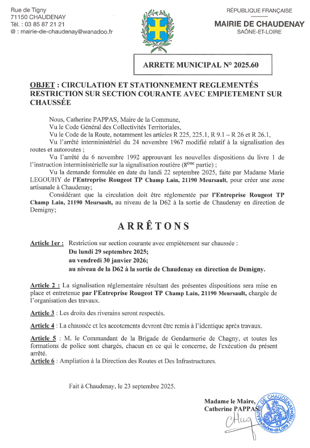Circulation et stationnement réglementés du lundi 29/09/2025 au vendredi 30/01/2026