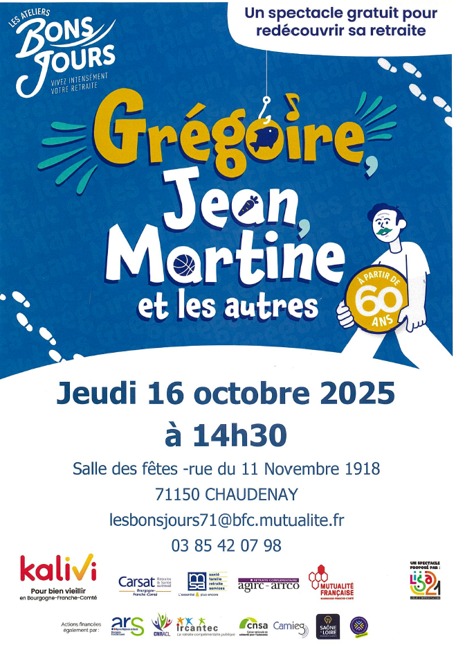 Spectacle jeudi 16 octobre 2025 à 14h30 à la salle des fêtes de Chaudenay