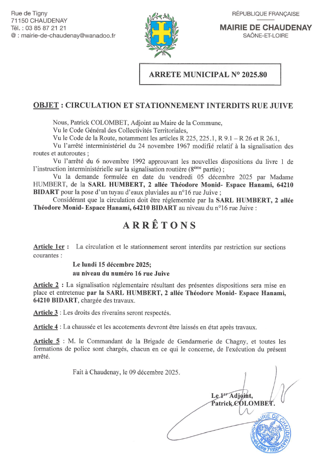 Route fermée à la circulation le 15 décembre rue Juive